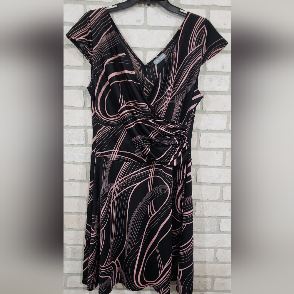 Allen Womens Abstract Black and Pink Print Dress